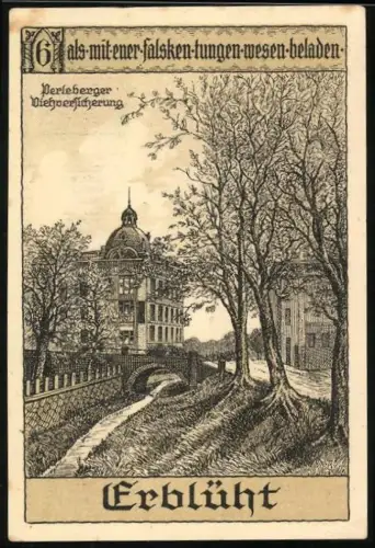 Notgeld Perleberg 1921, 50 Pfennig, Landschaft mit Gebäuden und Münzbeutel