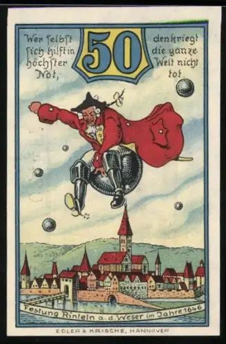 Notgeld Rinteln a. d. Weser 1920, 50 Pfennig, Münchhausen reitet Kanonenkugel, Archivhäuschen