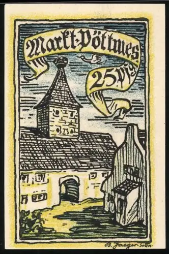 Notgeld Pöttmes, 25 Pfennig, Gebäude mit Turm und Wappen