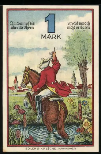 Notgeld Rinteln 1920, 1 Mark, Münchhausen auf Pferd im Sumpf, Stadtwappen