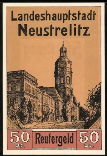 Notgeld Neustrelitz 1922, 50 Pfennig, Ortsansicht mit Turm und Gebäude, Kirche mit Bäumen