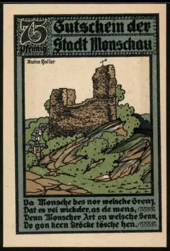 Notgeld Monschau 1922, 75 Pfennig, Burgruine Haller