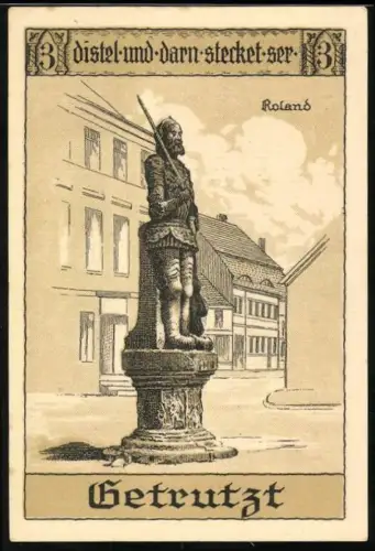 Notgeld Perleberg 1921, 50 Pfennig, Rolandstatue und Geldbeutel mit Münzen