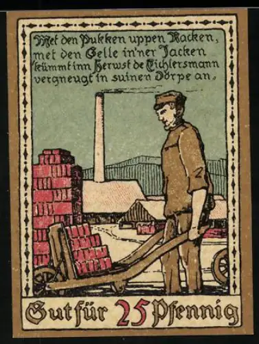 Notgeld Lage i. Lippe 1921, 25 Pfennig, Ziegeleiarbeiter mit Schubkarre und Ziegelsteinen