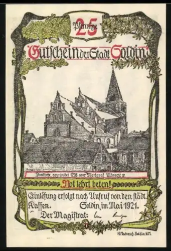 Notgeld Soldin 1921, 25 Pfennig, Stadtszene mit Kirche, Toransicht