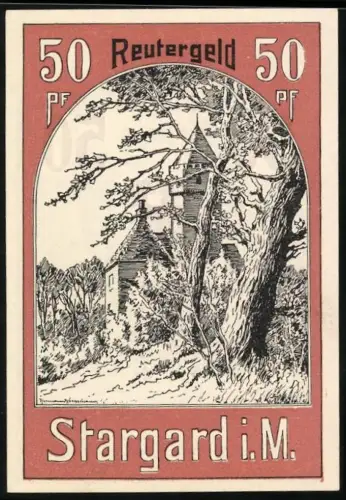 Notgeld Stargard i. M., 50 Pfennig, Burg und Bäume, Wappen mit Adler