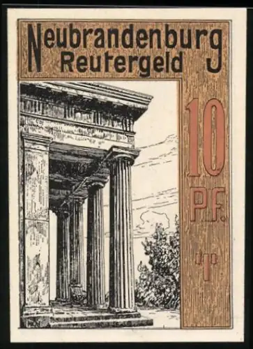 Notgeld Neubrandenburg 1922, 10 Pf, Säulen und Stadtstrasse mit Fachwerkhäusern