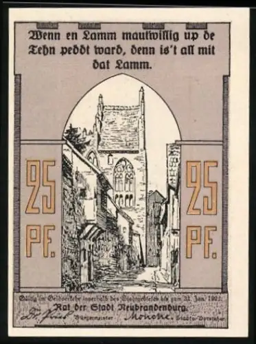 Notgeld Neubrandenburg 1922, 25 Pfennig, Ortsansicht und gotisches Tor