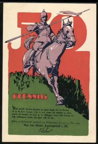 Notgeld Ludwigslust i. M. 1922, 50 Pfennig, Soldat zu Pferd und Festung im Wald