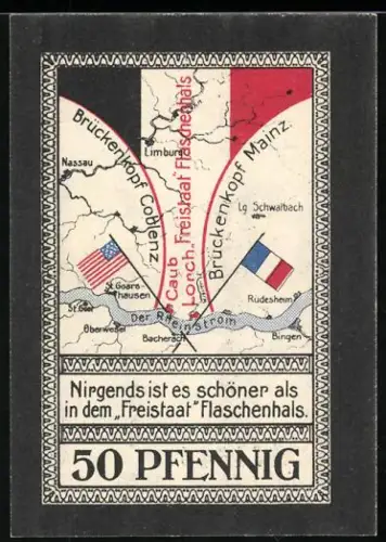 Notgeld Lorch im Rheingau 1921, 50 Pfennig, Karte und Ortsansicht mit Wappen