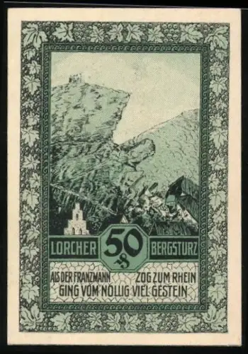 Notgeld Lorch im Rheingau 1921, 50 Pfennig, Bergsturz und Ortsansicht mit Wappen