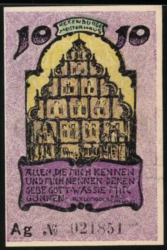 Notgeld Lemgo 1921, 10 Pfennig, Hexenbürgermeisterhaus und Rose