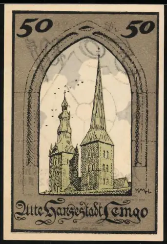 Notgeld Lemgo 1921, 50 Pf, Kirchtürme und Wappen