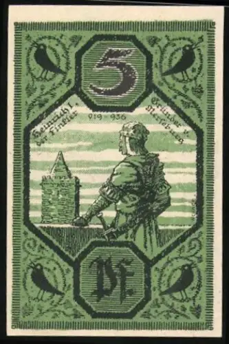 Notgeld Merseburg 1921, 5 Pfennig, Ritter mit Schwert und Turm, schwarzer Vogel
