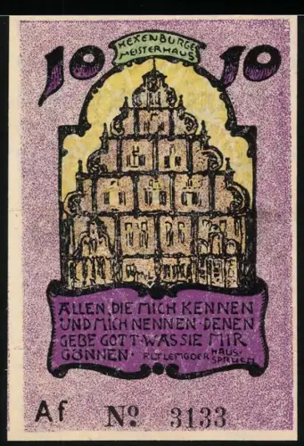 Notgeld Lemgo 1921, 10 Pfennig, Hexenbürgermeisterhaus und Rose-Motiv