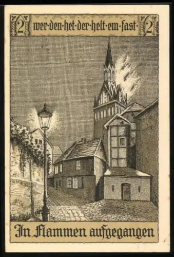 Notgeld Perleberg 1921, 50 Pfennig, brennende Kirche und Geldbeutel mit Münzen