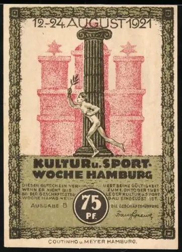 Notgeld Hamburg 1921, 75 Pf, antike Statue und Rathausansicht