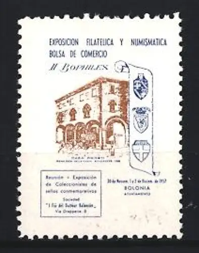 Reklamemarke Bologna, Exposición Filatélica y Numismática 1957, Gebäude und Wappen
