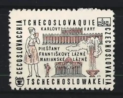 Reklamemarke Tschechoslowakei, Karlovy Vary, Heilbäder und Architektur