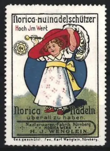 Reklamemarke Nürnberg, Norica Hutnadeln, Mädchen mit Hut