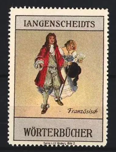 Reklamemarke Langenscheidts Wörterbücher, Tänzerpaar in historischen Kostümen