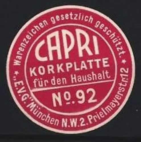 Reklamemarke München, Capri Korkplatte für den Haushalt, Rundes Emblem