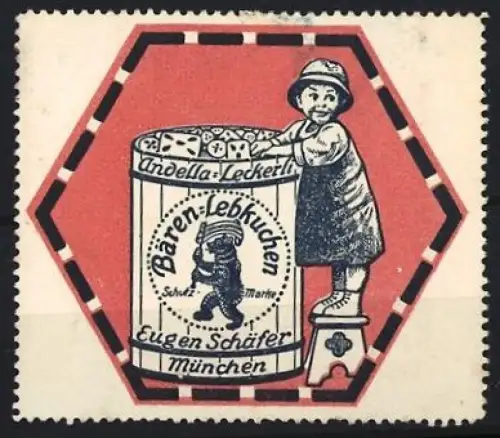 Reklamemarke München, Bären-Lebkuchen Eugen Schäfer, Kind mit Lebkuchendose