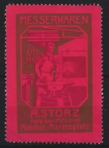 Reklamemarke München, Messerwaren A. Storz, Schmied mit Amboss
