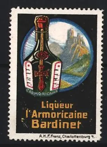 Reklamemarke Liqueur l`Armoricaine Bardinet, Flasche mit Landschaft