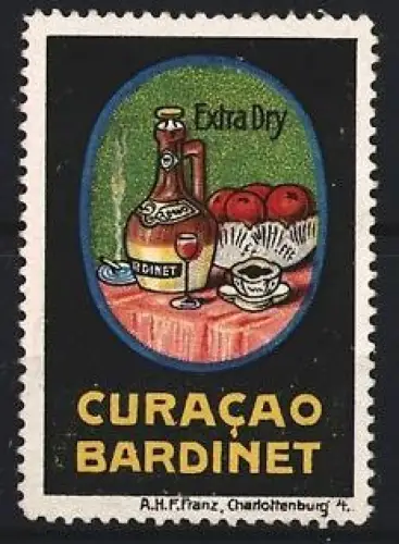Reklamemarke Curacao Bardinet, Flasche mit Likör und Früchtekorb