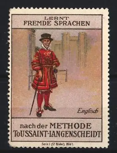 Reklamemarke Lernt Fremde Sprachen, Methode Toussaint-Langenscheidt, Englischer Gardist
