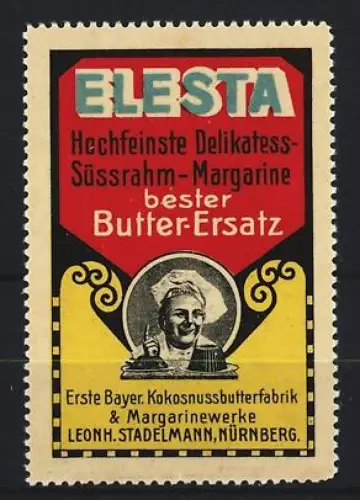 Reklamemarke Nürnberg, Leonh. Stadelmann, Elesta Margarine, Bäcker mit Kuchen