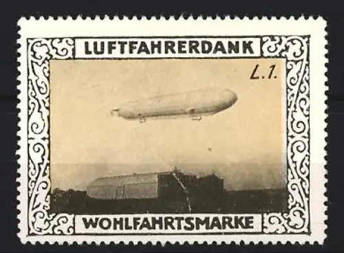 Reklamemarke Luftfahrerdank, Zeppelin L.1 über Hangar