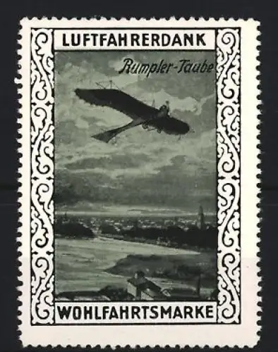 Reklamemarke Luftfahrerdank, Flugzeug Rumpler-Taube über Landschaft