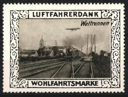 Reklamemarke Wettrennen Flugzeug und Eisenbahn