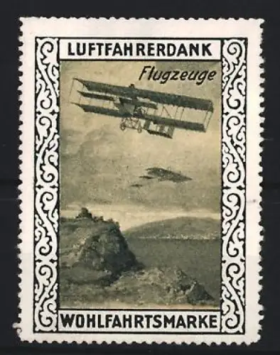 Reklamemarke Flugzeug, Doppeldecker über Küste
