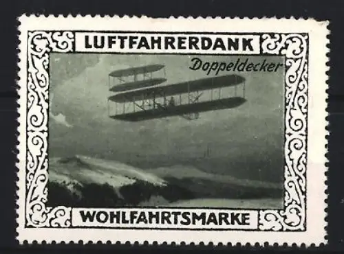 Reklamemarke Luftfahrerdank, Doppeldecker Flugzeug im Flug