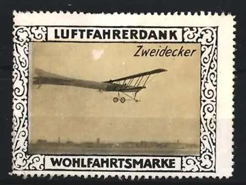 Reklamemarke Luftfahrerdank, Zweideckerflugzeug in der Luft