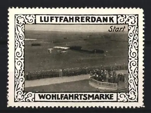 Reklamemarke Start, Flugzeug auf Flugplatz