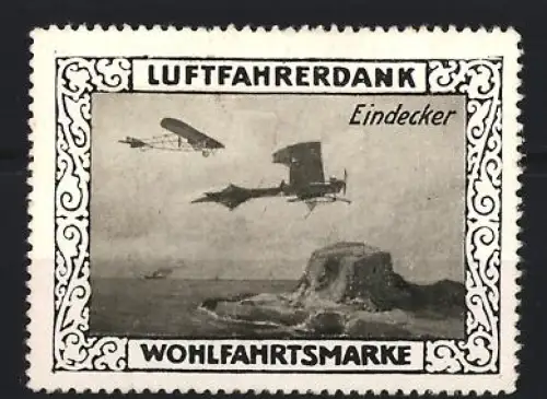 Reklamemarke Luftfahrerdank, Eindecker, Flugzeug über Küste