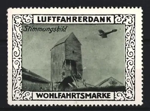 Reklamemarke Stimmungsbild, Flugzeug und Gebäude