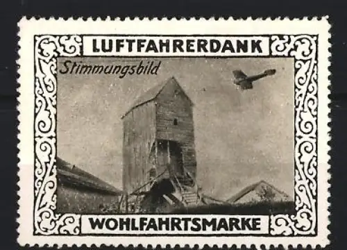 Reklamemarke Stimmungsbild, Flugzeug und Turm