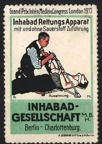 Reklamemarke Berlin-Charlottenburg, Intern. Medizin Congress London 1913, Inhabad Rettungsapparat