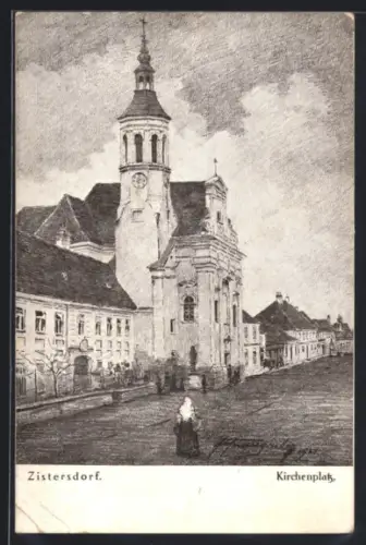 Künstler-AK Zistersdorf, Strassenpartie am Kirchenplatz