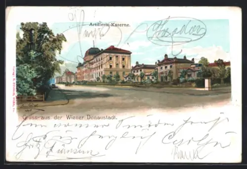 Lithographie Wien-Donaustadt, Strassenansicht mit Artilleriekaserne