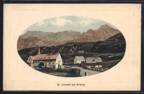 AK St. Christhof am Arlberg, Ortsansicht im Passepartout-Rahmen
