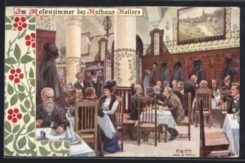 Künstler-AK F. Witt: Wien, Restaurant Rathaus-Keller, gut besuchtes Rosenzimmer