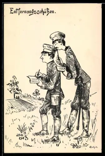 Künstler-AK sign. Schellmann: Entfernungsschätzen, Soldaten mit Notizbüchern