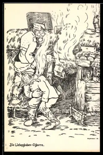 Künstler-AK sign. Schellmann: Die Liebesgaben-Cigarre, Soldaten bei einem brennenden Haus