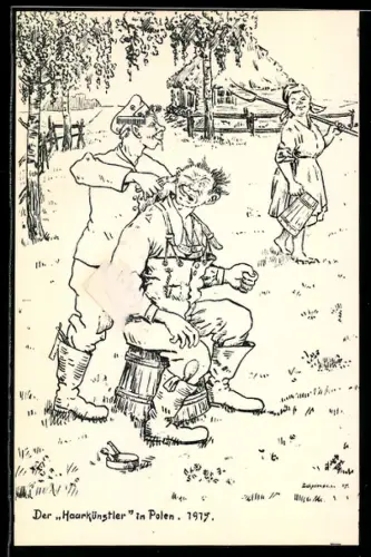 Künstler-AK sign. Schellmann: Der Haarkünstler in Polen, Soldaten beim Frisieren